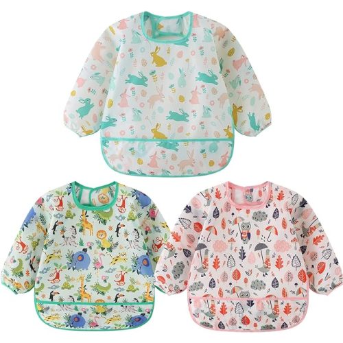 3 Pcs Waterproof Long Sleeves Baby Bibs Weaning Smock Bib 3-24 Months