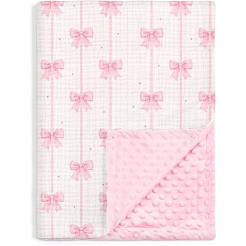 SANDJEST Pink Bow Minky Muslin & Dotted Blanket 30x40 in Gift for Holiday, Gender Reveal Party, Hospital Visit, Baptism