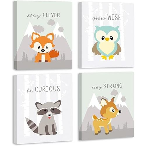CHDITB Woodland Framed Canvas Print, Woodland Nursery Decor for Boys and Girls, Animal Pictures for Nursery Baby Room Decor, Set of 4 (8x10inches) Forest Jungle Animal Art Prints for Home Decorations