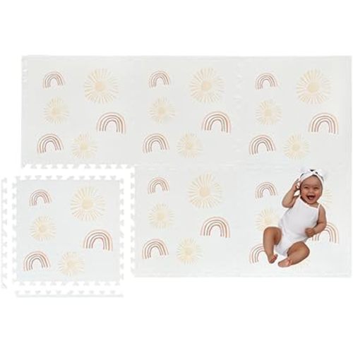 Play Mat for Baby, Toddler and Infants, Six Interlocking Tiles Made with Soft Non-Toxic EVA Foam, 4x6 feet (Sunshine & Rainbows (Cloud White))