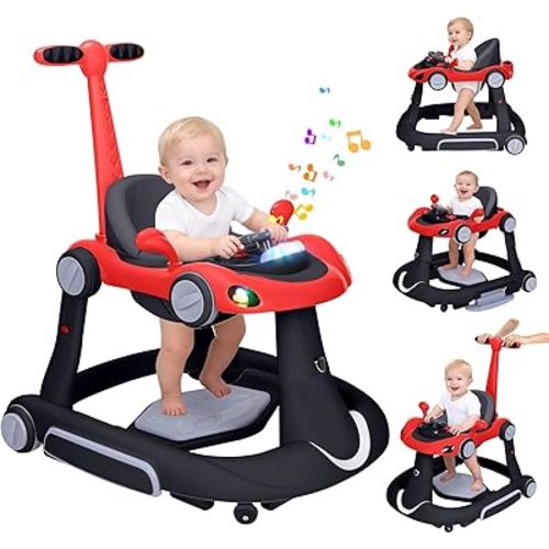 Baby Walker, 4-in-1 Baby Walker with Wheels Portable, Foldable Infant Toddler Walker for Boys Girls 6-18 Month,Removable Footrest,Car Steering Wheel & Music, Adjustable Push Walker Pink, Red