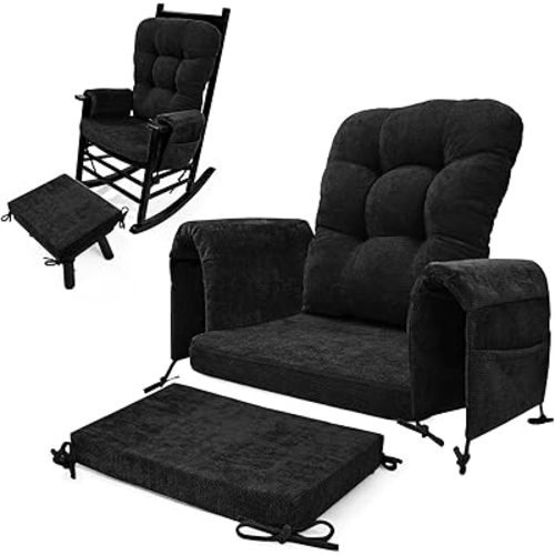 5 PCS Glider Rocker Replacement Cushions with Storage Side Pocket, Luxuriy Chenille Fabric Foam & Microfiber Filling, Thickened & Supportive Rocking Chair Cushion Set, Black