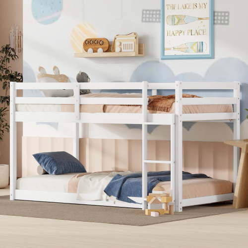 Euroco Twin over Twin Floor Bunk Beds with Ladder and Guardrail for Kids Teens, White