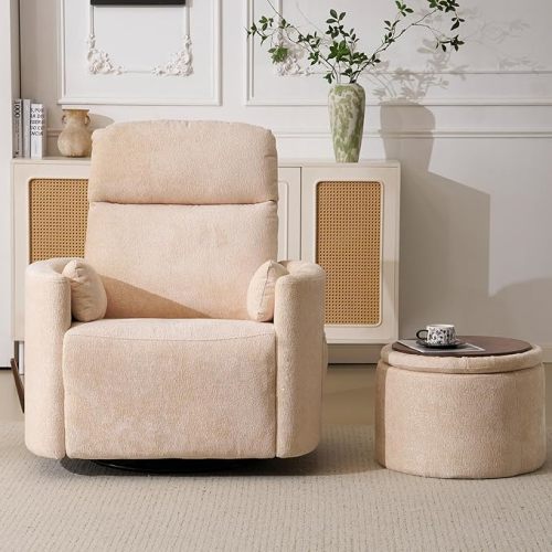 Oversized Swivel Rocker Recliner Chair with Massage and Heat, Manual Swivel Glider Rocker Recliner with 2 Bolster Pillows, Rocking Nursery Chair with Storage Ottoman , Adjustable Headrest, Beige