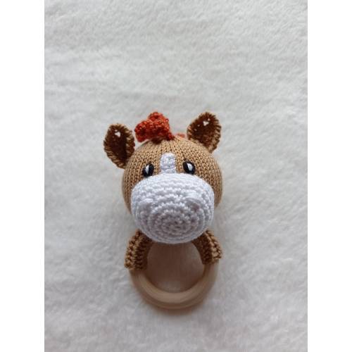 Horse Brown with White -  Baby Rattle Toy on Wooden Teething ring