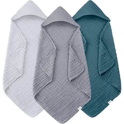 Muslin Hooded Baby Bath Towels - 3 Pack 100% Cotton Ultra-Soft Towels for Newborns, Infants, Toddlers - 32x32 Inch - Highly Absorbent, Quick-Dry Essentials for Bath, Beach, Pool, Grey Blue Series