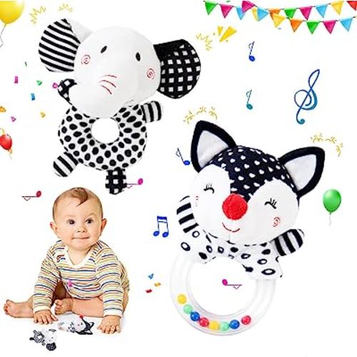 Baby Rattles 0-6 Months,Soft Rattles for Babies 0-6 Months Newborn Sensory Toys, High Contrast Infant Toys Plush Stuffed Animal Rattle, Rattle Toy for Infant Boys Girls Shower Gift (2PCS)