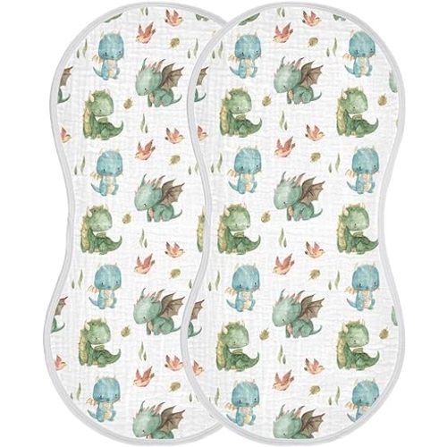 Burbuja Cute Dragon Muslin Baby Burp Cloths, Soft & Absorbent Cotton Burping Rags for Newborn Boys & Girls, 2 Pack