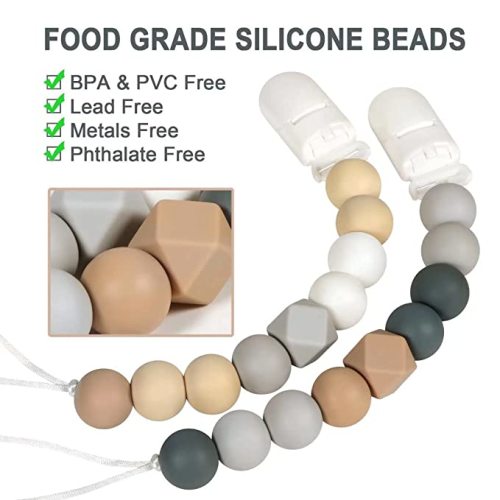 Pacifier Clip for Baby Boys Girls Paci Holder Silicone Teething Beads Teether Toys Soothie Binky Clips 2 Pack (Grey, Beige)