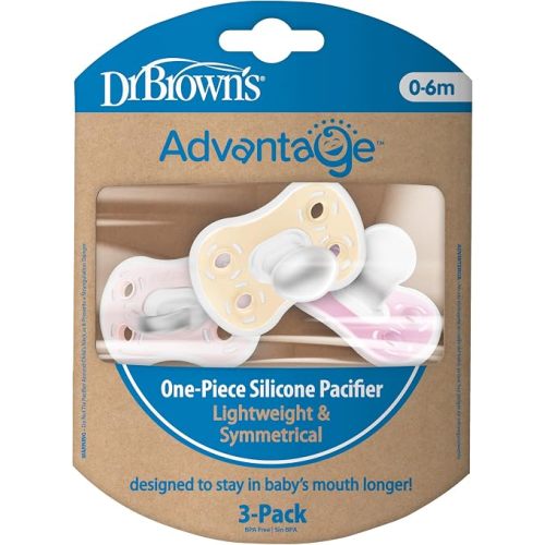 Dr. Brown's Advantage One-Piece Silicone Baby Pacifier, Fully Symmetrical Soother, Ecru/Light Pink/Pink, 0-6m, BPA-Free, 3-Pack