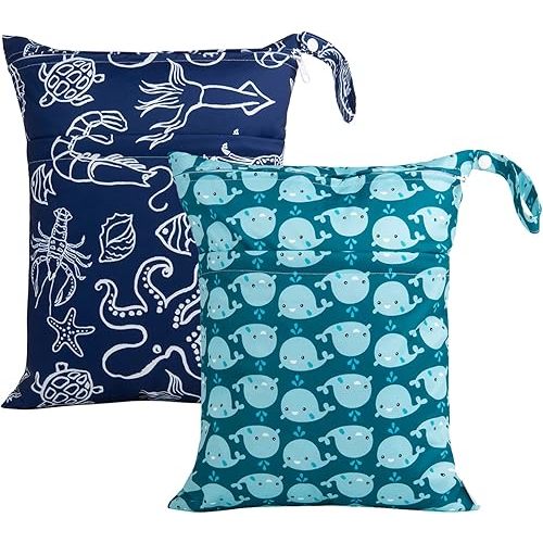 ALVABABY Wet Dry Bags with Two Zippered Pockets 2pcs Travel Beach Pool Daycare Soiled Baby Reusable Waterproof Yoga Gym Bag for Cloth Diaper Swimsuits Wet Clothes Setting Gifts LX-SW18-21-CA