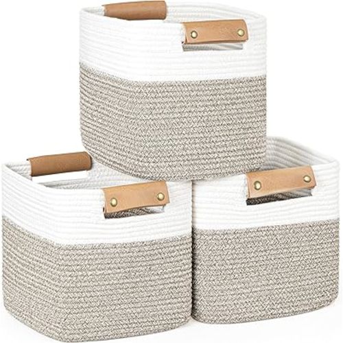 danpinera 11 Inch Storage Baskets, Woven Baskets for Organizing, 3 Pack Storage Cubes, Storage Baskets for Shelves, Closet, Nursery with Removable Leather Handles, White & Mixed Brown
