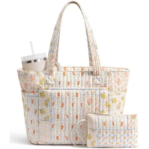 Bagstellar Quilted Tote Bag for Women Teacher Nurse Cotton Laptop Work Tote