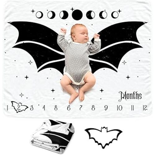 Gothic Bat Baby Monthly Blanket for Boys, Soft Flannel Photography Background Prop, Halloween Personalized Shower Gift