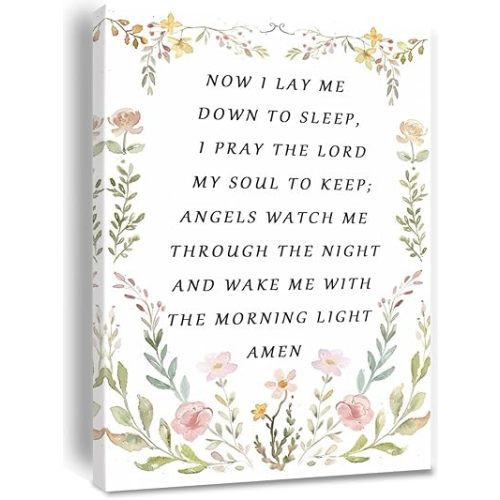 Nursery Bedtime Prayer Baby Room Now I Lay Me Down to Sleep Wildflower Canvas Wall Art Christian Child's Prayer Print Bible Verse Painting Home Decor Baptism Gifts for Girl Framed 8 * 12 inch