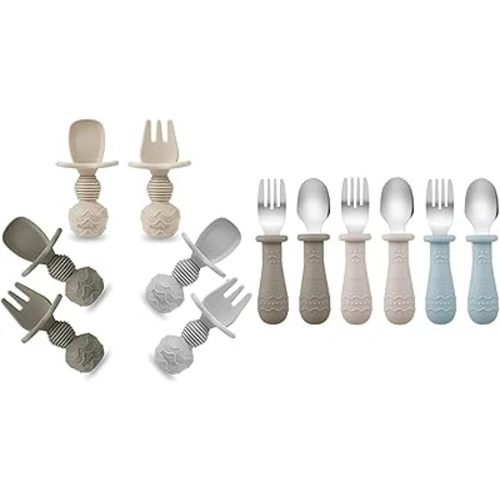 PandaEar Silicone Baby Spoons & Toddler Utensils (Light Tan/Walnut/Blue)