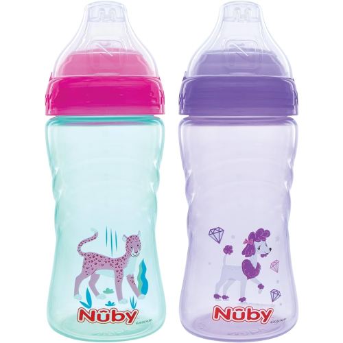 Nuby 2 Pack No Spill Printed Thirsty Kids No-Spill Sip-it Sport Cup with Soft Spout and Lid - 12oz, 12+ Months, 2 Pack, Aqua Cheetah & Purple Puppy Dog