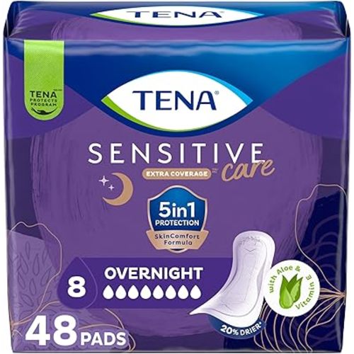 TENA Sensitive Care Extra Coverage Overnight Incontinence Pads for Women, Bladder Control and Postpartum, Aloe and Vitamin E Infused, 48 Count