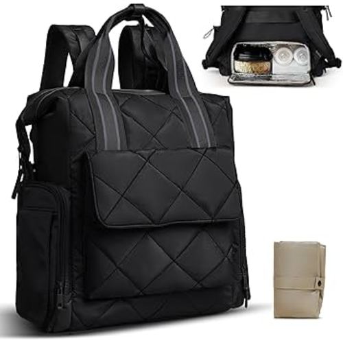 Diaper Bag Backpack Quilted Baby Diaper Bag Pañaleras Para Bebe Breast Pump Backpack for Working Moms with 11 Pouches,Large Insulated Cooler Compartment,Stroller Straps,Changing Pad,Black