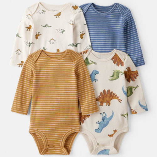 Multi Baby Boy 4-Pack Dinosaur Print Cotton Long-Sleeve Multipack Bodysuits - White | Carter’s Oshkosh Canada