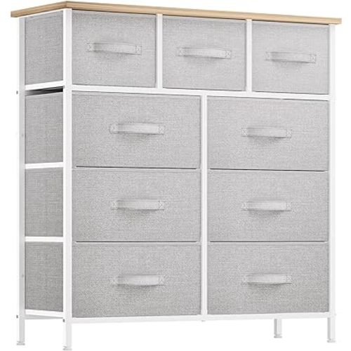 YITAHOME Dresser with 9 Drawers - Fabric Storage Tower, Organizer Unit for Room, Living Room, Hallway, Closets - Sturdy Steel Frame, Wooden Top & Easy Pull Fabric Bins (Light Gray)