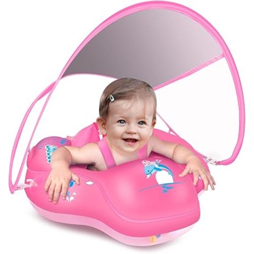 LAYCOL Baby Swimming Float Inflatable Baby Pool Float Ring with Sun Protection Canopy,add Tail no flip Over for Age of 3-36 Months