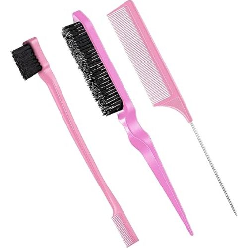 Geiserailie 3 Pcs Slick Back Hair Brush Set Bristle Brush Edge Control Teasing Comb for Women Black Hair(Light Pink)