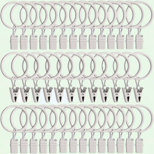 40 Pack Curtain Rings with Clips, White, 1.26 Inch Interior Diameter, Fits up to 1 Inch Curtain Rod
