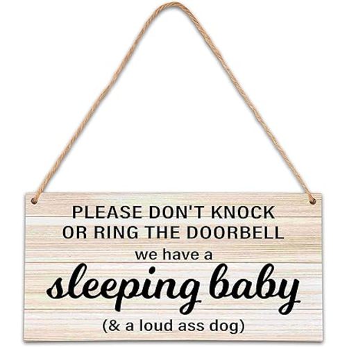 B06 Baby Sleeping Sign - Do Not Knock Or Ring Doorbell, Rustic Hanging Sign For Front Door, Nursery Home Bedroom