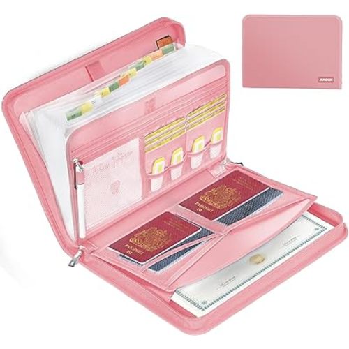 JUNDUN Accordion File Organizer - Fireproof Accordion Folder with Zipper & Labels - 12 Pocket Expanding File Folder with Multi-Pockets Paper Organizer Folder for Letter A4 Files and More (Pink)