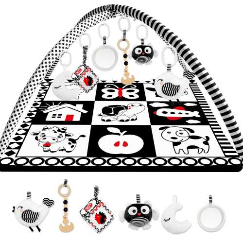 QUOKKA Padded Baby Mat for Floor Tummy Time - Super Soft Black&White Play Mat for Kids Toddlers Infants - 6 Toys | Thick Pad
