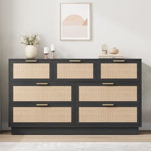 Garvee 7 Drawer Rattan Dresser for Bedroom, 55" Wide Boho Chest of Drawers with Integrated Cabinet Body & Legs Design, Wooden Dressers Organizer for Hallways, Entryways, Closet, Black