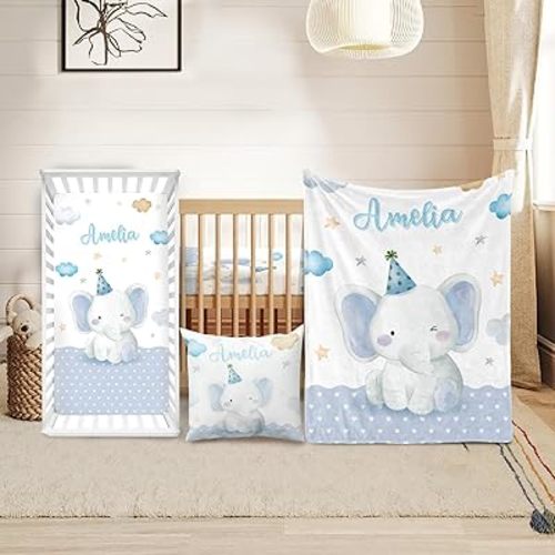 Custom Crib Bedding Set - Elephant Design Personalized Name Baby Nursery Bedding 3 Pcs Set - Chic Soft Blanket, Sheet, Pillowcase for Newborns Boys Girls Gifts Color06