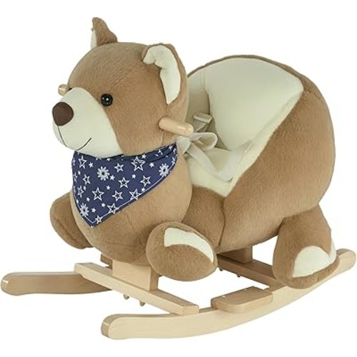 Qaba Baby Rocking Horse with Lullaby, Ride On Horse, Bear Themed Plush Animal Rocker with Pedals for Ages 18-36 Months, Easy to Assemble