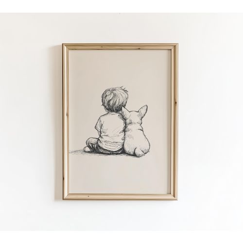 Boy and Corgi Sketch Art Poster: Retro Nursery Decor (PRINTED AND SHIPPED)