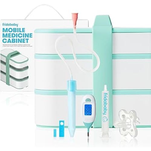Frida Baby Mobile Medicine Cabinet Travel Kit, Baby Essentials Gift Set Includes NoseFrida Snotsucker, Rectal Thermometer, MediFrida Medicine Dispenser with Portable Carrying Case