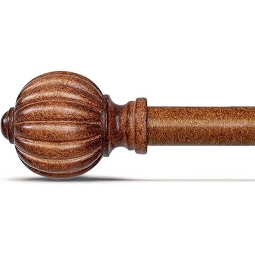 Dark Brown Wood Curtain Rods for Windows 66 to 120 Inch, 1'' Adjustable Heavy Duty Curtain Rod，Vintage Imitation Wood Decorative Drapery Rods with Pumpkin Finials for Bedroom Living Room