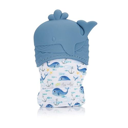 Itzy Ritzy Silicone Teething Mitt - Soothing Infant Teething Mitten with Adjustable Strap, Crinkle Sound & Textured Silicone to Soothe Sore & Swollen Gums, Whale