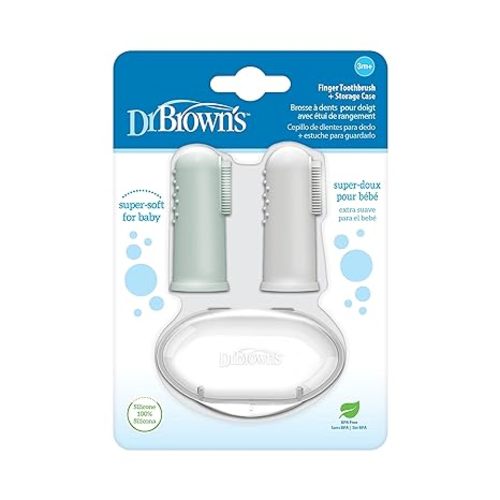 Dr. Brown's Silicone Finger Toothbrush for Baby with Travel-Storage Case, 3m+, Gray and Light Green, 2 Count, (Pack of 1)