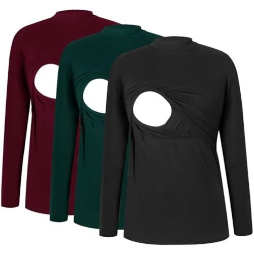 Smallshow Women's Nursing Tops Crew Neck Long Sleeve Breastfeeding Shirt 3 Packs