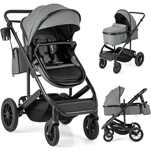 BABY JOY 2 in 1 Convertible Baby Stroller, High Landscape with Bassinet Mode, Reversible Seat, Adjustable Canopy, Cup Holder, Diaper Bag, Foldable Infant Newborn Pram Stroller for 0-36 Months (Gray)