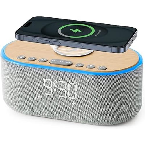 uscce Alarm Clock Bluetooth FM Radio: 10W Stereo Sound Speaker - Fast Wireless Charging for iPhone Samsung - Dimmable Clock Radio for Bedroom