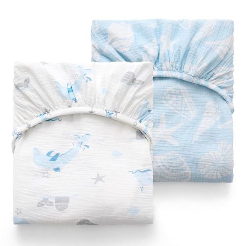 Momcozy Muslin Standard Fitted Crib Sheets, 52"x28", 2 Pack Soft Breathable Natural Cotton Baby Mattress Sheet, 360° Mattress Wrapping No Slip Boys Girls Neutral Toddler Bed Sheet, Ocean Sound