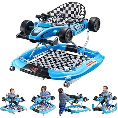 VEVOR 4-in-1 Baby Walker, Foldable Baby Activity Center with Wheels, Adjustable Height, Light, Steering Wheel, Learning-Seated | Walk-Behind | Car Shape | Rocker Baby Walker for Boys Girls 6-24 Month