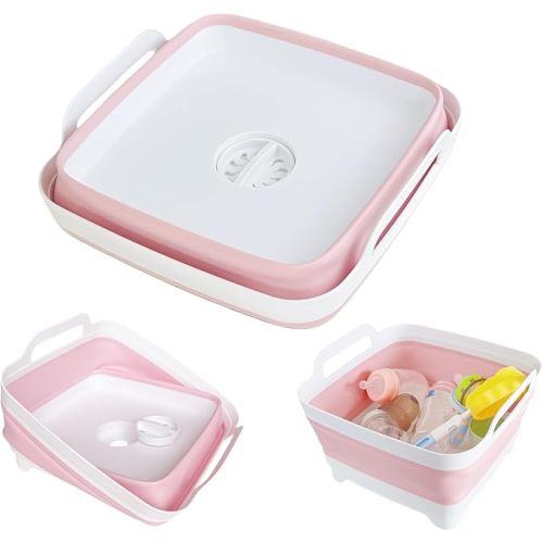 Collapsible Wash Basin for Baby Bottles - 2.4 Gallons Portable Wash Bin for RV Camping Sink, Space-Saving Dish Tub (Pink)