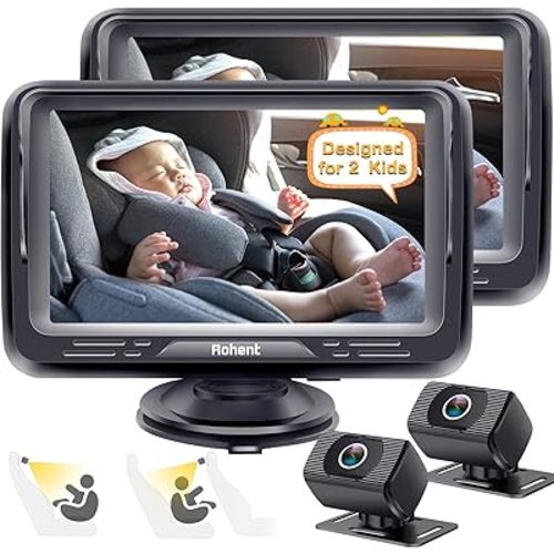 Rohent Baby Car Camera 2-Pack - Dual HD 1080P Monitors with Night Vision, Adjustable Angles, Glare-Free Display, Easy Installation for Two Kids, Ideal for Road Trips