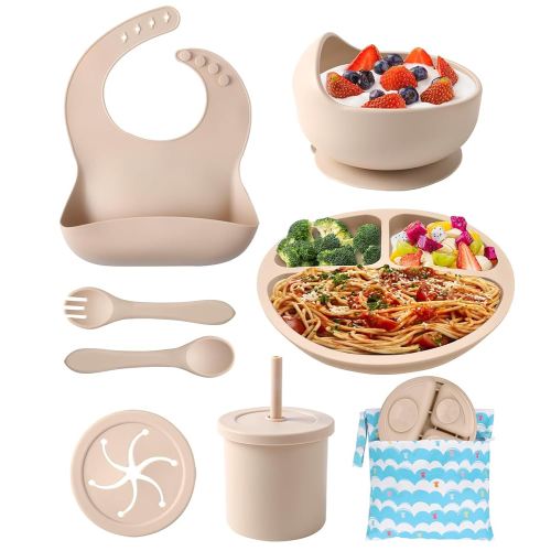 ECLIP Silicone Baby Feeding Set,10 Pcs Baby Led Weaning Supplies Baby Eating Essentials Set with Suction Bowl Divided Plate Adjustable Bib Soft Spoon Fork Cup with Lid Drinking Cup, Travel Bag (Beige)