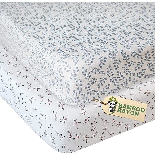 Muslin Crib Sheets for Girls and Boys, Boho Fitted Baby Crib Sheet for Standard Crib Mattress & Toddler Bed Mattress (52"x28"), Soft Breathable Baby Sheets 2 Pack, Floral Pink