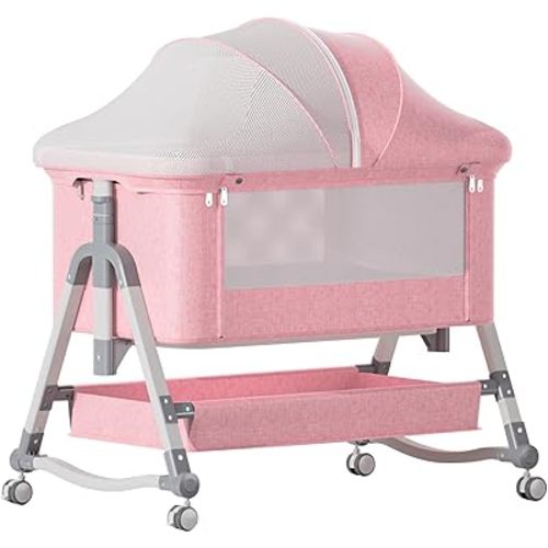 Jaoul 4 in 1 Baby Bassinet Bedside Sleeper Baby Crib, Adjustable Cosleeper for Baby, Easy Folding Portable Baby Bed Rocking Bassinets with Comfy Mattress Mosquito Net Storage for Infant Newborn Pink