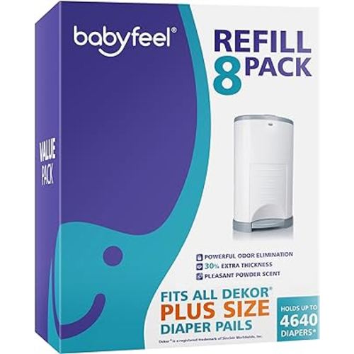 Babyfeel Refills for DEKOR PLUS Diaper Pails, 8 Pack, Exclusive 30% Extra Thickness, Fresh Powder Scent, Holds up to 4640 Diapers